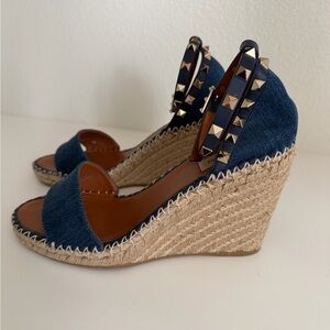 Valentino Denim Espadrille Wedges with Rockstud Ankle Straps 8.5 WORN ONCE!